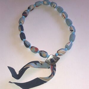 Light Blue Southwestern Bead Necklace with Fabric Accent